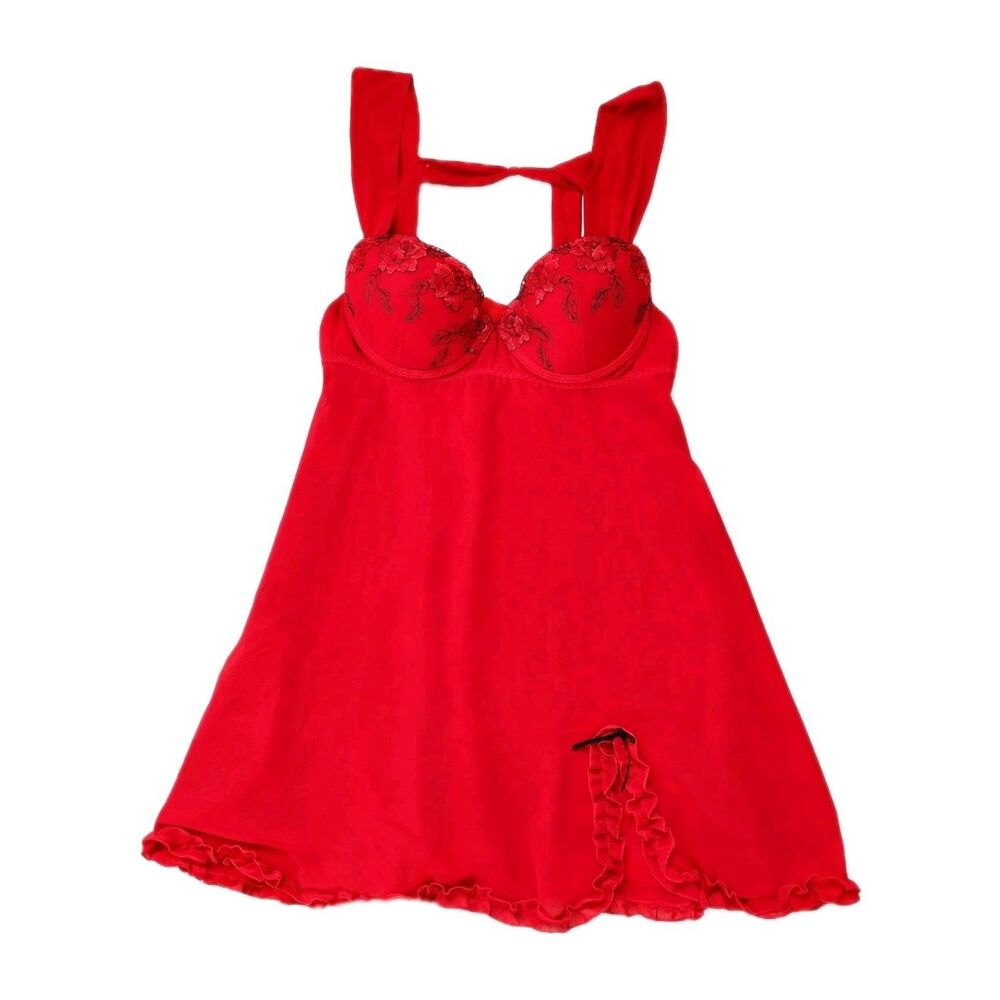 Inner Secrets Red Babydoll Chemise Lingerie Dress M Lace Underwire Sheer Ruffle